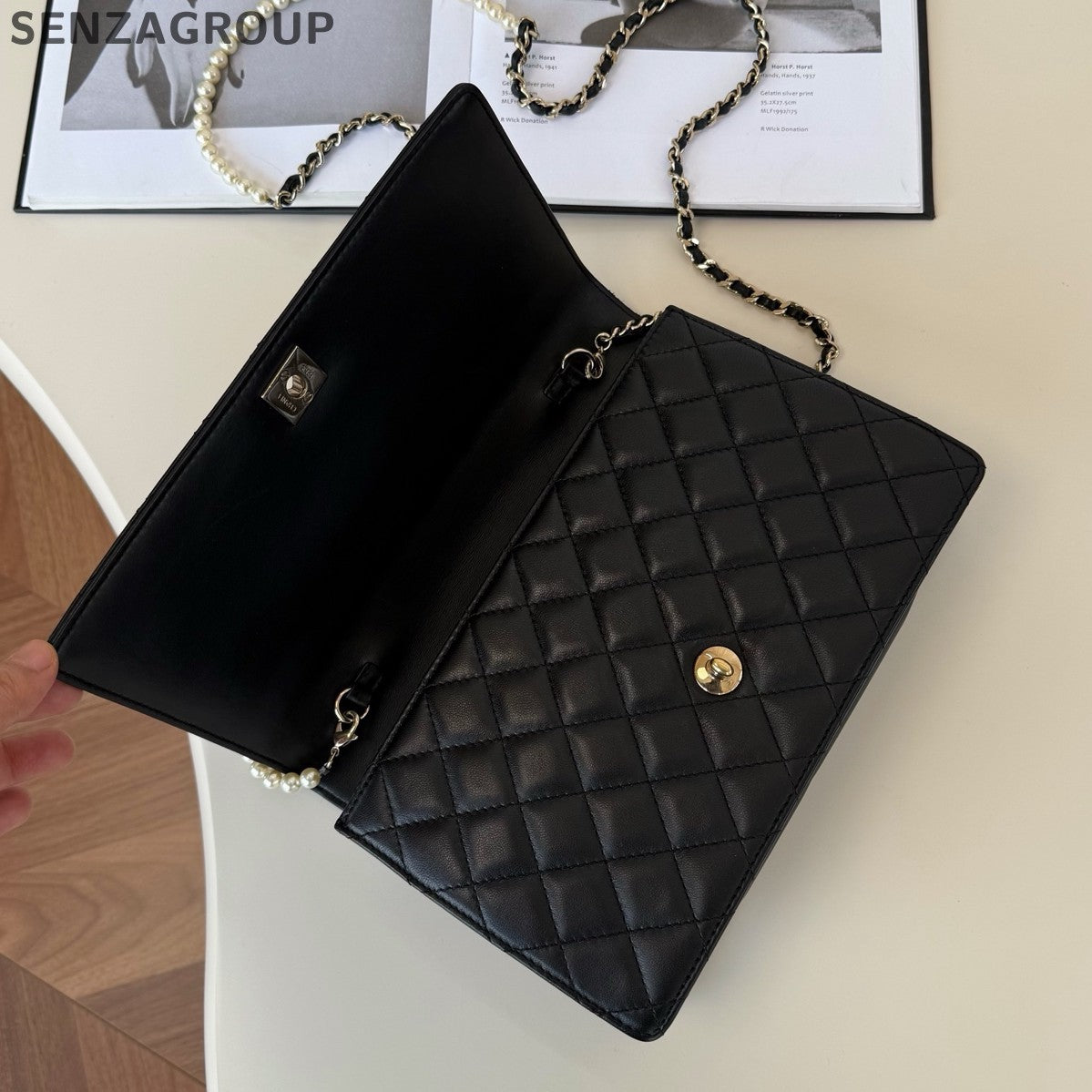 Chanel WOC Diamond Pearl Chain Shoulder Crossbody Black Gold Women Classic