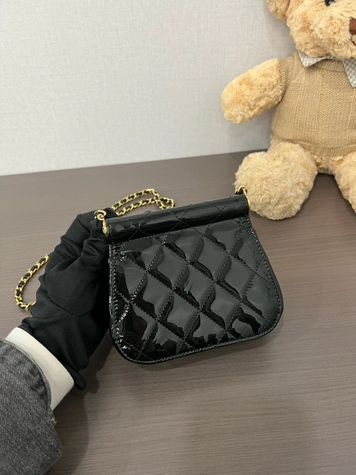 CHANEL Black Gold Patent Leather Mini Crossbody Bag For Women