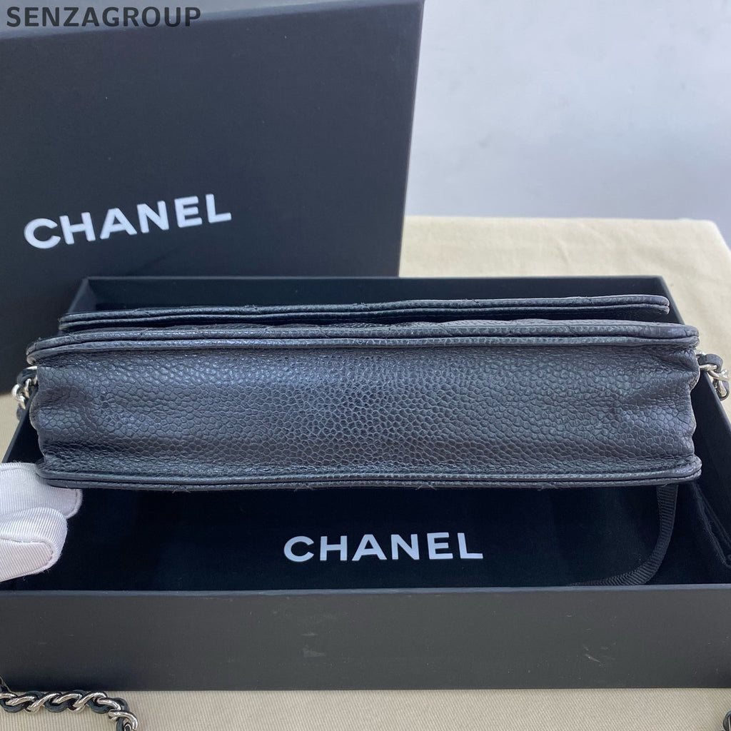 Chanel Black Silver Quilted Calfskin WOC Chain Shoulder Crossbody Bag