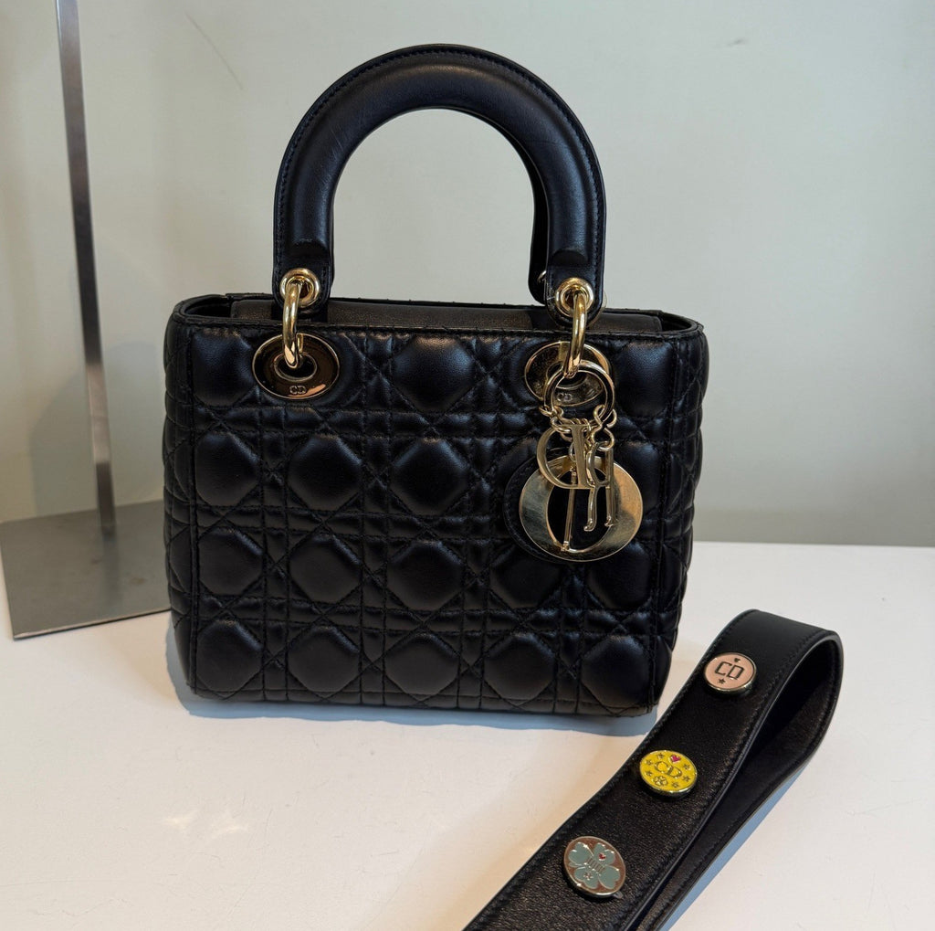 Christian Dior Lady Dior 2Way Top Handle Crossbody Black Gold Women Classic