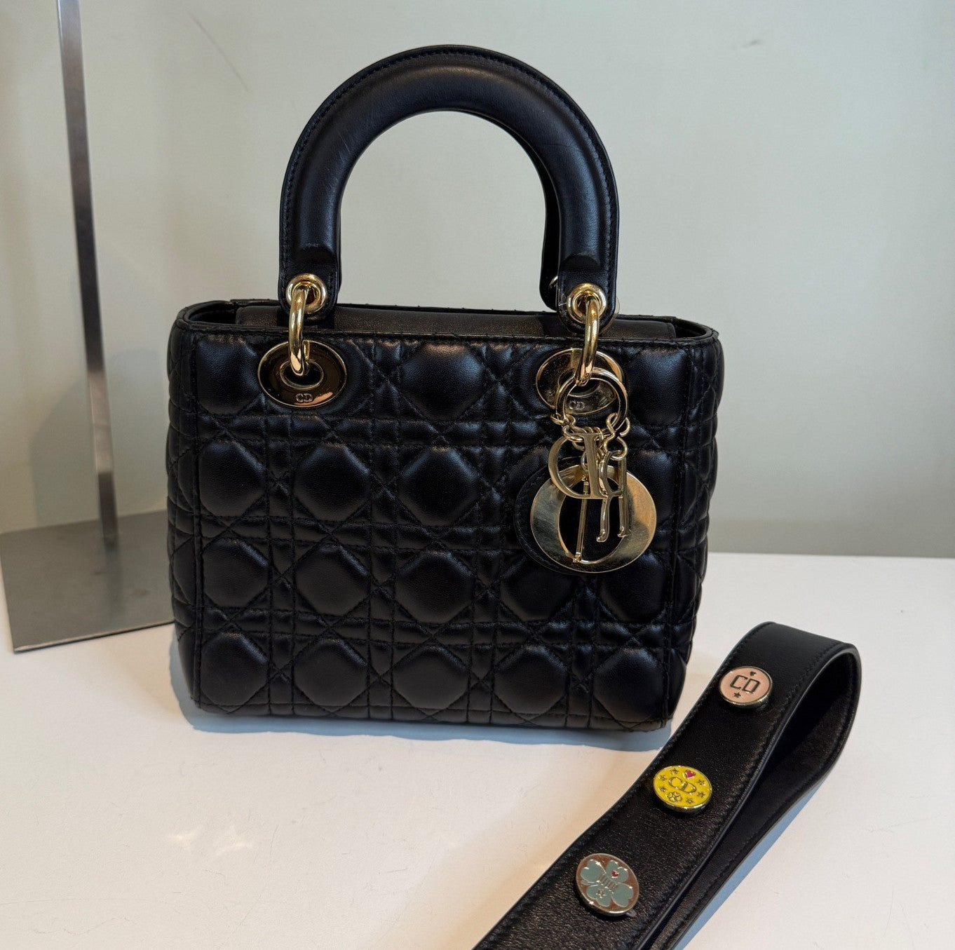 Christian Dior Lady Dior 2Way Top Handle Crossbody Black Gold Women Classic