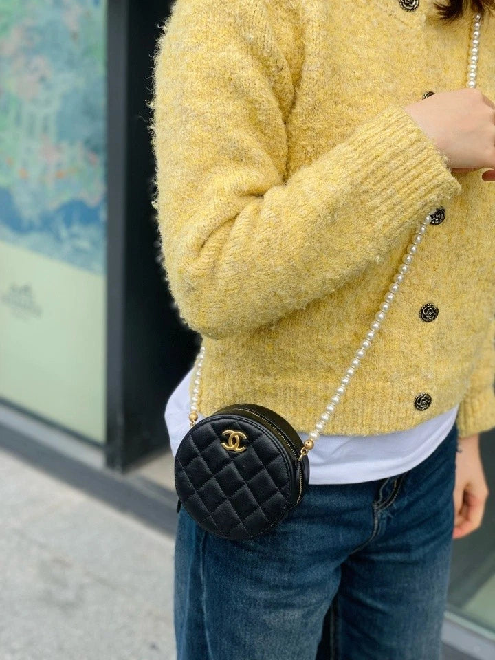 CHANEL Quilted Leather Round Pearl Chain Crossbody Bag For Women