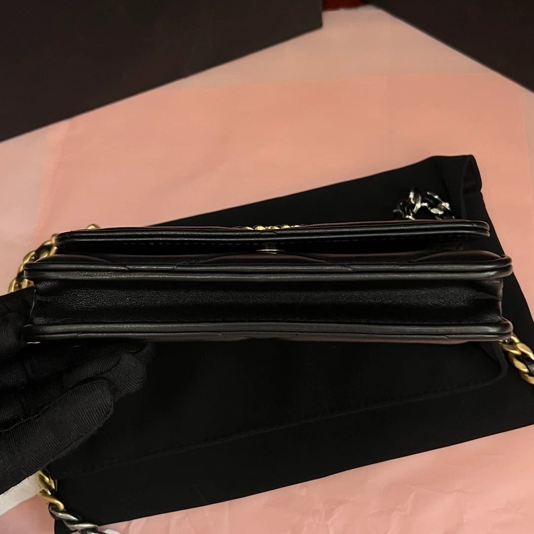 Chanel 19Bag WOC Lambskin Mini Chain Top Handle Crossbody Black Gold Women