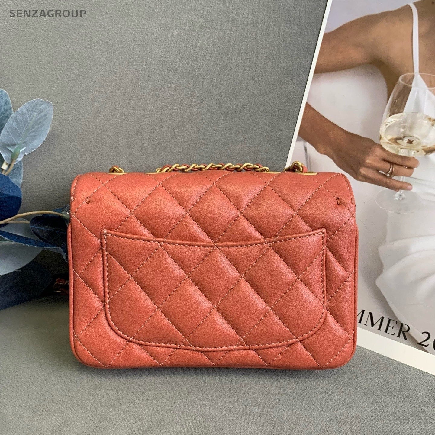 CHANEL Diamond pattern Cuban orange-red Chain Shoulder bag Crossbody Women