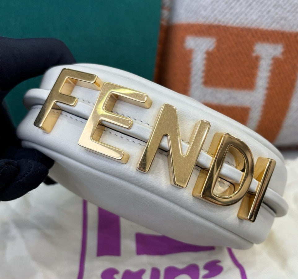Fendi Graphy Nano Calfskin Wrist Bag White Gold Used Women Classic Fashion