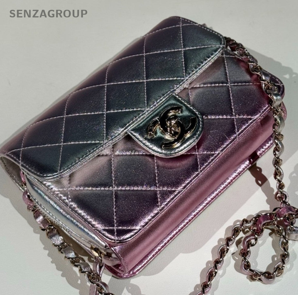 Chanel Classic Flap Mermaid Pink Silver Gradient Chain Shoulder Crossbody Women