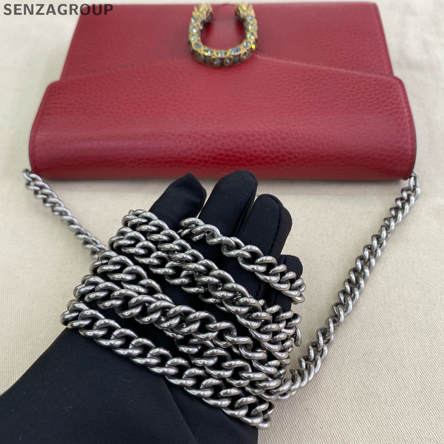 Gucci Dionysus WOC Chain Shoulder Crossbody Bag Red Silver Classic Women