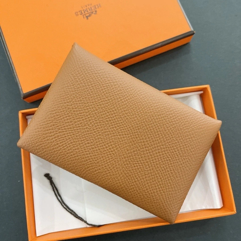 Hermes Calvi Silver Buckle Calfskin Card Wallet For Women Brown