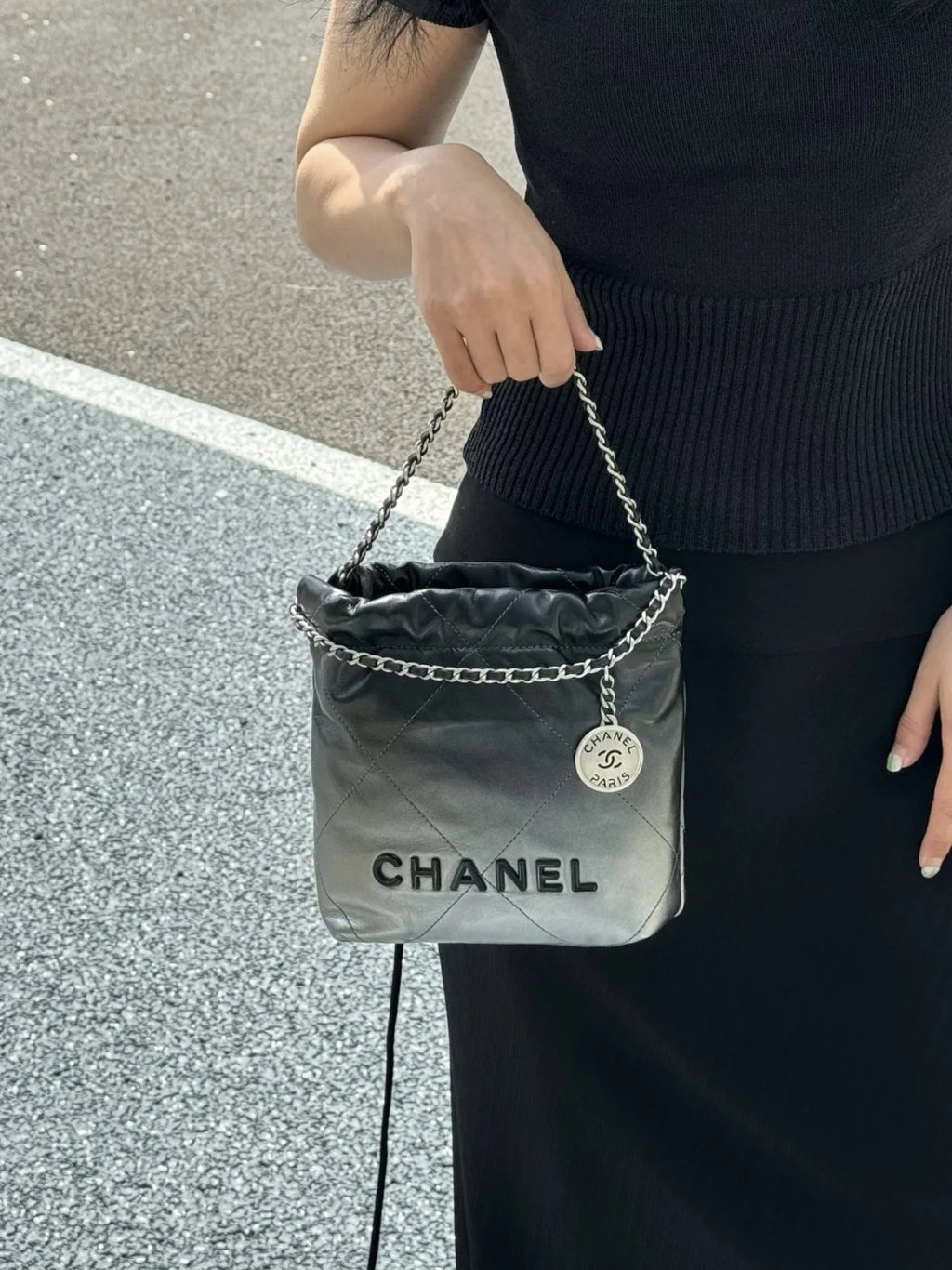 Chanel 22Bag Mini Chain Top Handle Shoulder Crossbody Black Silver Women Classic