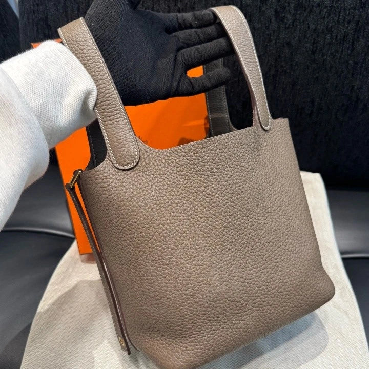 Hermes Bucket 18 Gray Top Handle Bag Gold Hardware Women Classic D