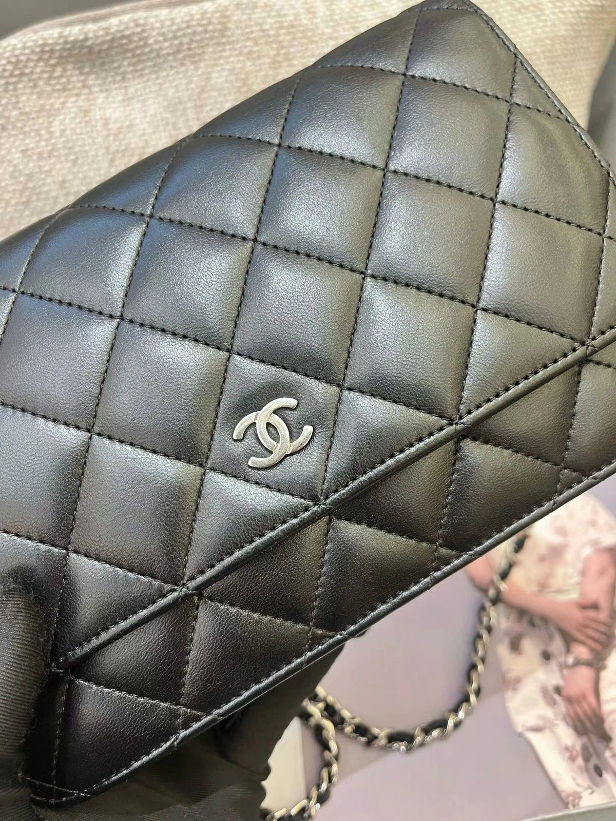 Chanel WOC Lambskin Chain Shoulder Bag Crossbody Diamond Black Silver Women