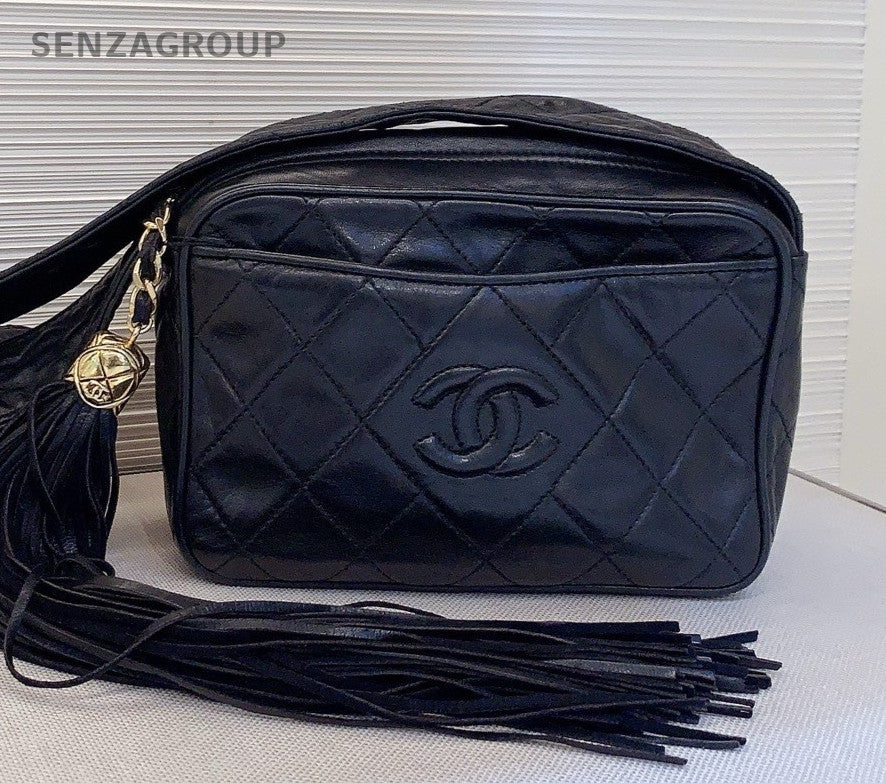 Chanel Diamond Tassel Shoulder Bag Black Gold Used Women Classic Designer