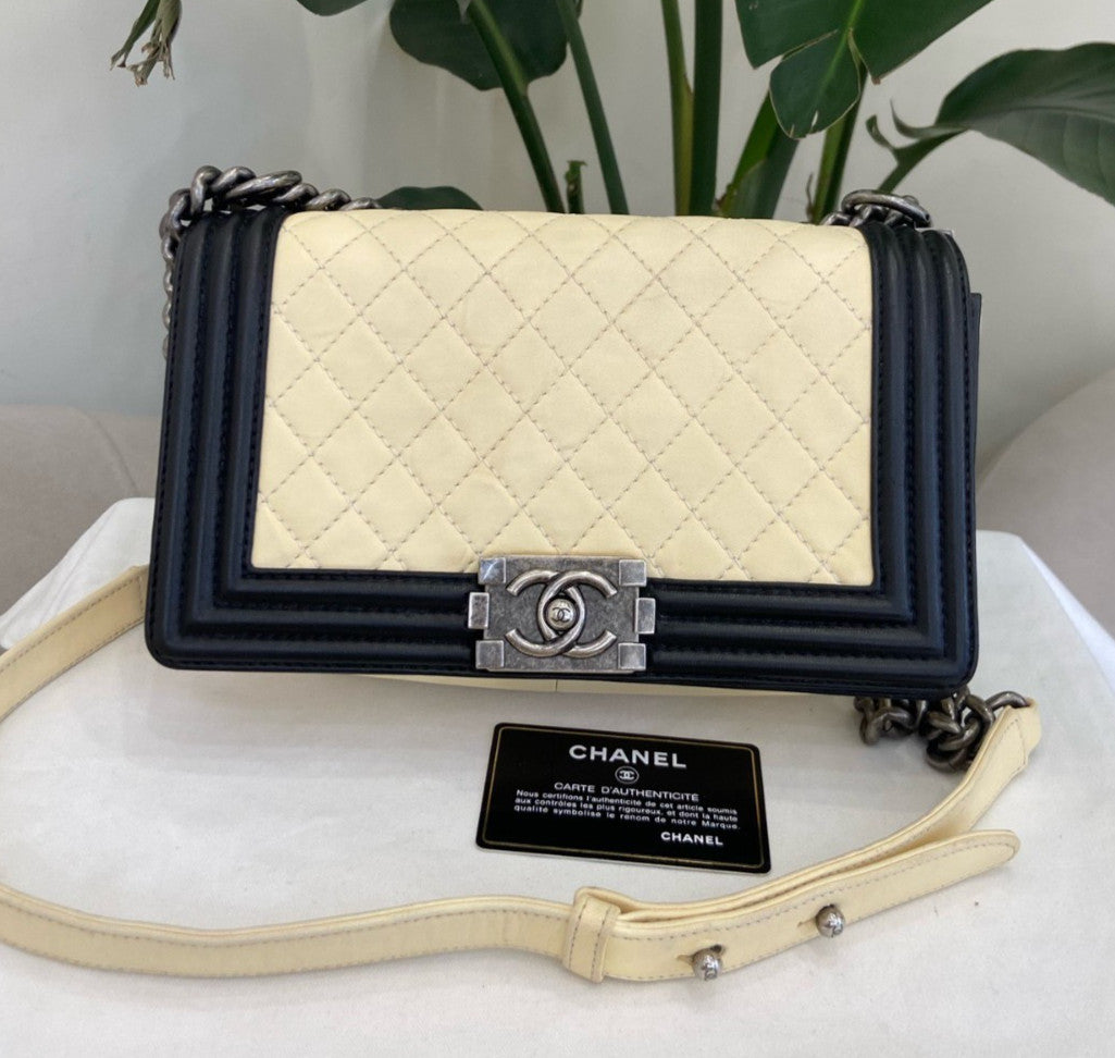 Chanel Leboy MM Chain Shoulder Bag Crossbody White Black Silver Women Classic