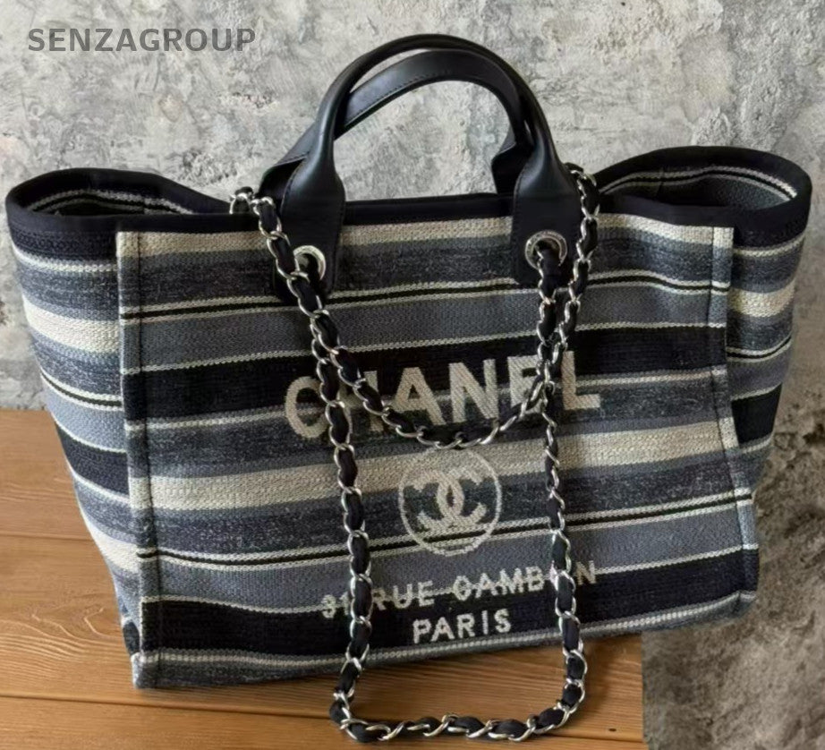 Chanel Tote Striped Bag Chain Shoulder Bag Black Silver Used Women Classic
