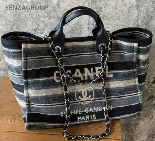 Chanel Tote Striped Bag Chain Shoulder Bag Black Silver Used Women Classic