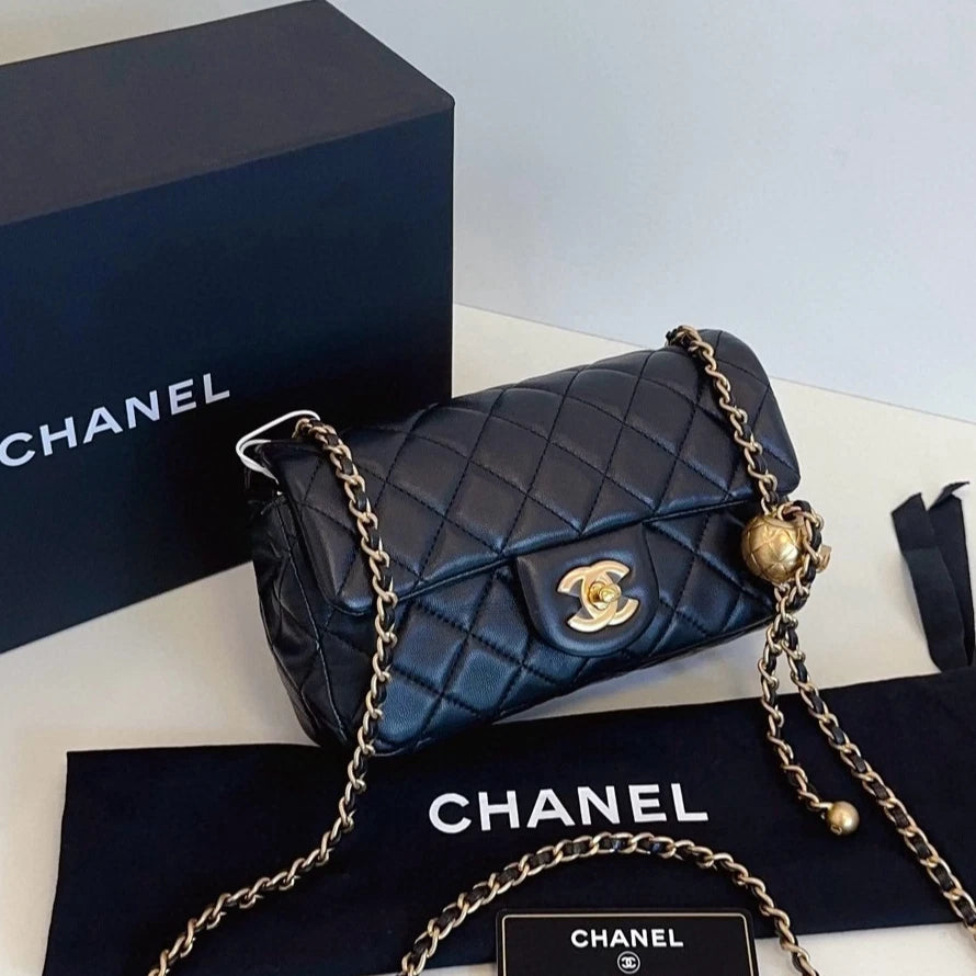 Chanel Classic Flap Mini Chain Shoulder Crossbody Black Gold Women Diamond