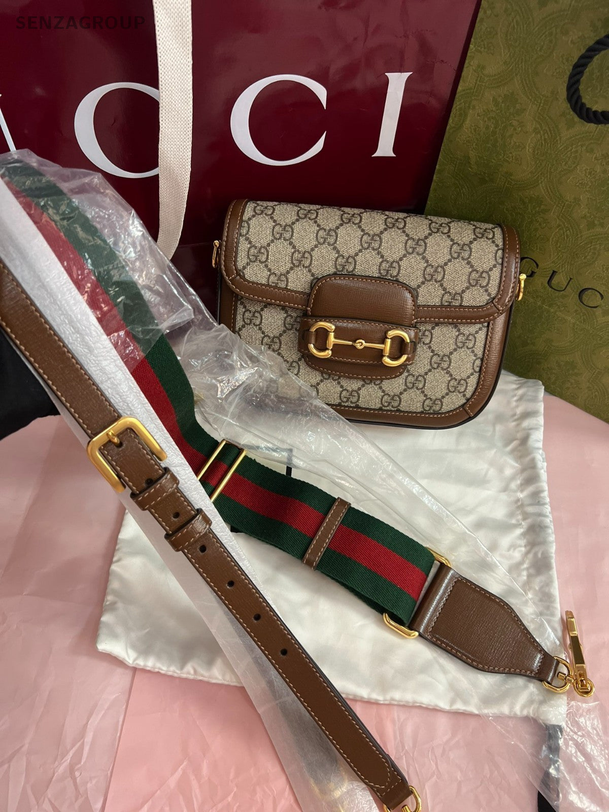 GUCCI 1955 Horse bit PM Monogram 2way Shoulder bag Canvas Brown Almost Brand NEW