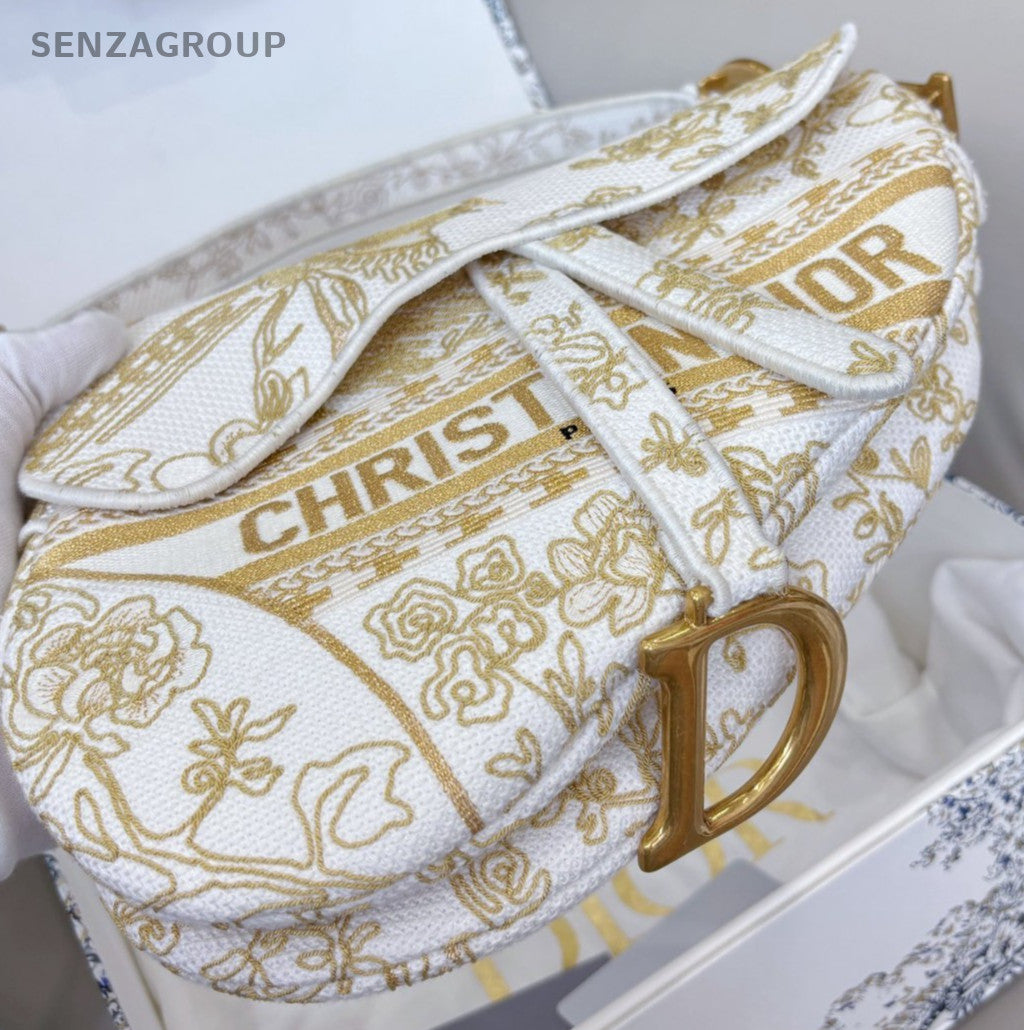 Christian Dior D-Horse Shoe MM Embroidered Shoulder Bag Gold Almost Brand New