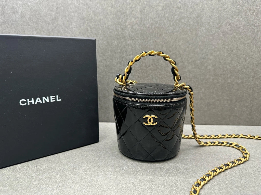 Chanel Black Patent Leather Mini Bucket Cosmetic Bag For Women