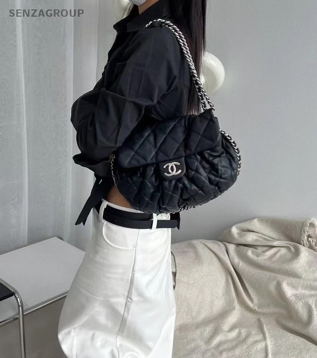 CHANEL Puffer Pumpkin Diamond Pattern Chain Shoulder bag Black Silver Women