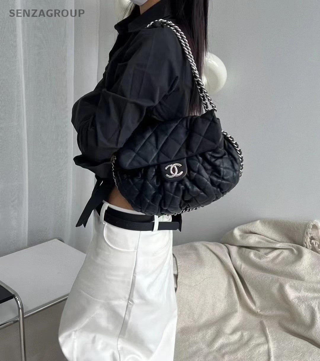 CHANEL Puffer Pumpkin Diamond Pattern Chain Shoulder bag Black Silver Women