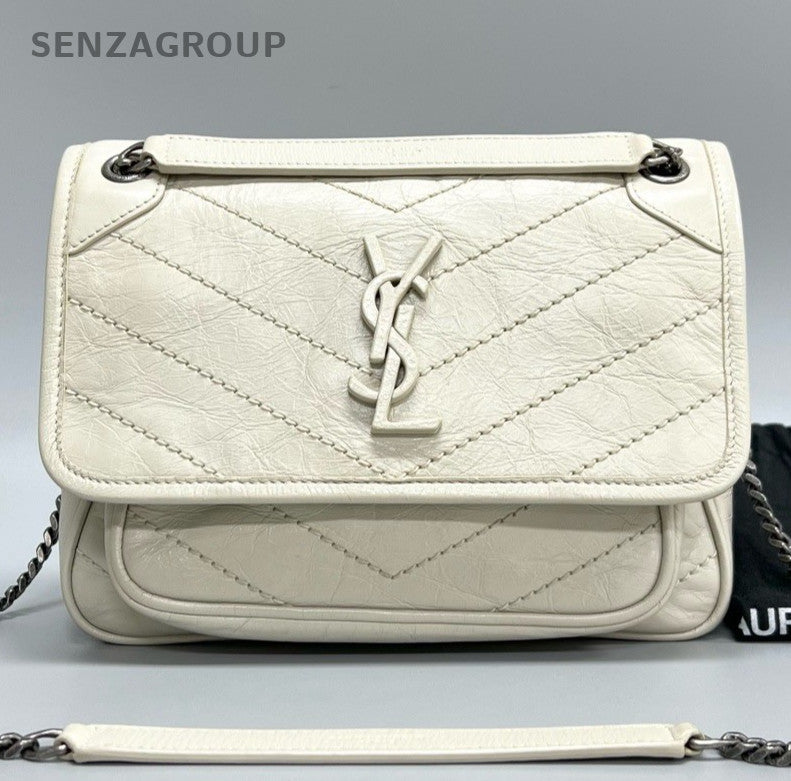 Saint Laurent Niki Baby Chain Shoulder Bag White Silver Used Women Classic