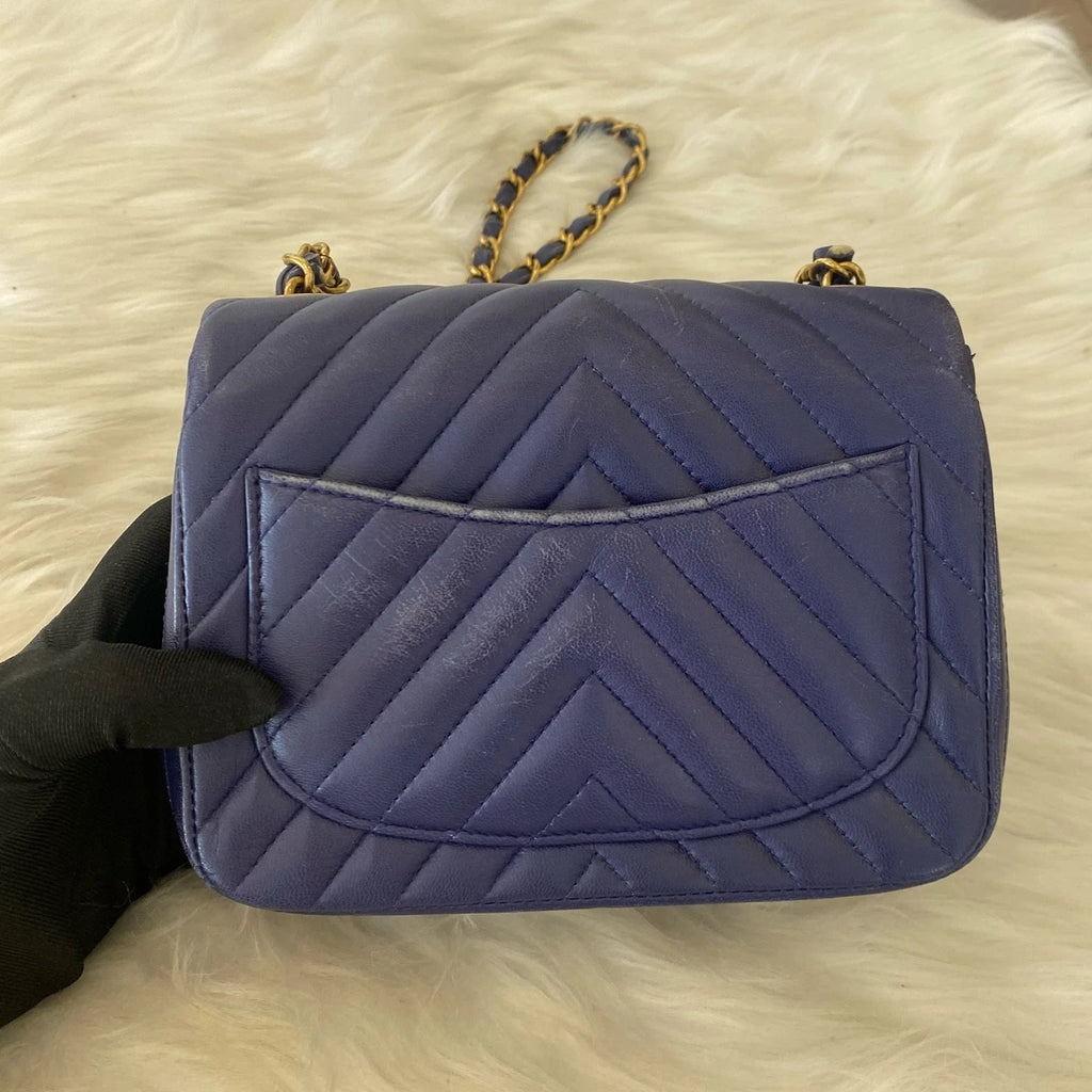 Chanel Classic Flap Blue Gold V-Pattern Chain Shoulder Bag