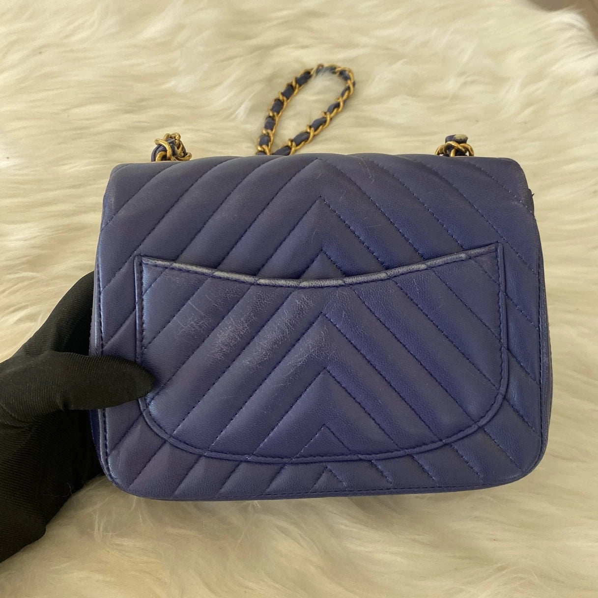 Chanel Classic Flap Blue Gold V-Pattern Chain Shoulder Bag