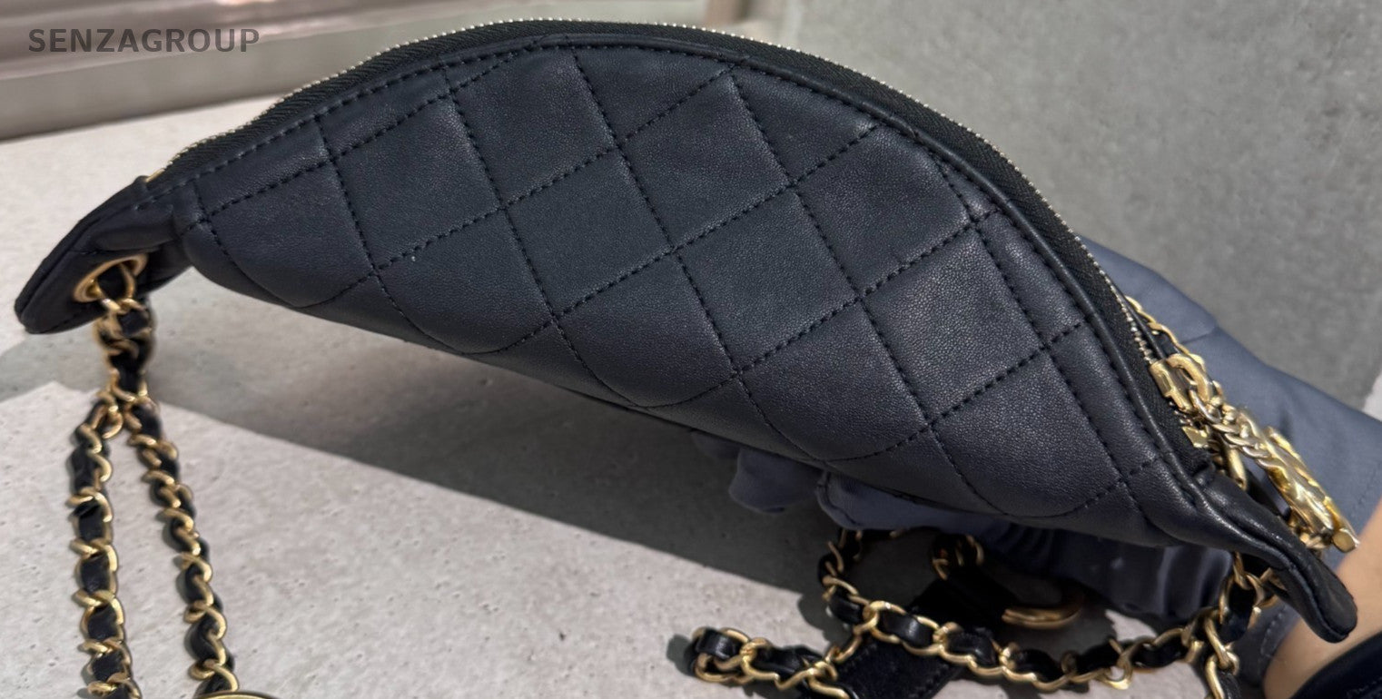 Chanel Egypt Pearl Waist Pouch Shoulder Bag Black Gold Used Women Classic