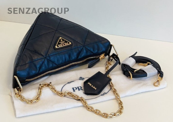 PRADA Puff Diamond pattern All Leather Chain 2way Shoulder Handbag Women black