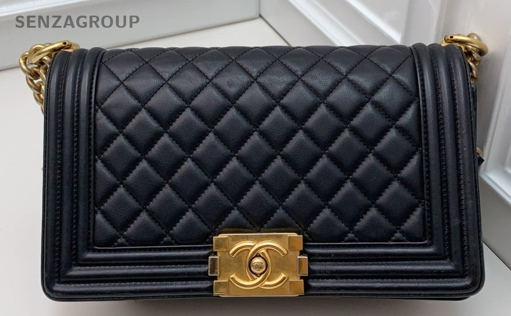 Chanel Leboy Calfskin Chain Shoulder Bag Black Gold Women Classic Designer