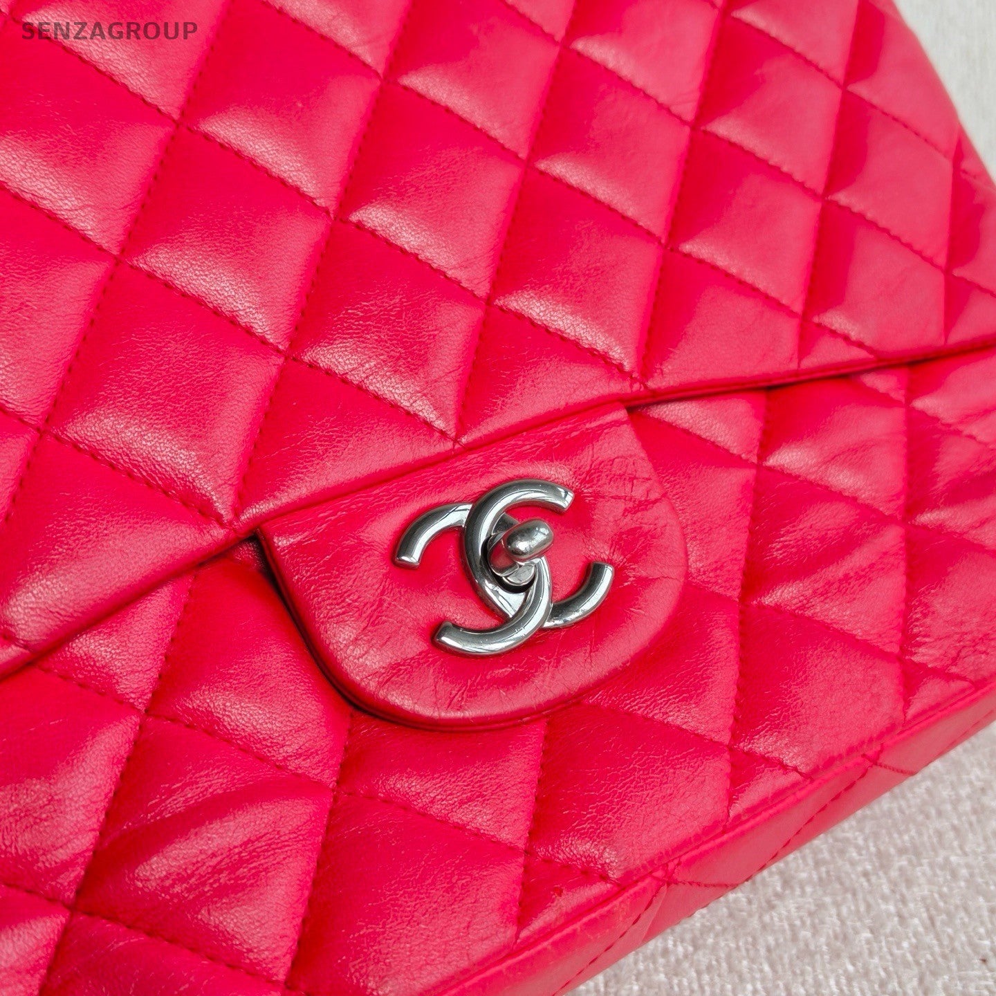 Chanel Classic Flap Jumbo Lambskin Chain Shoulder Crossbody Red Silver Women