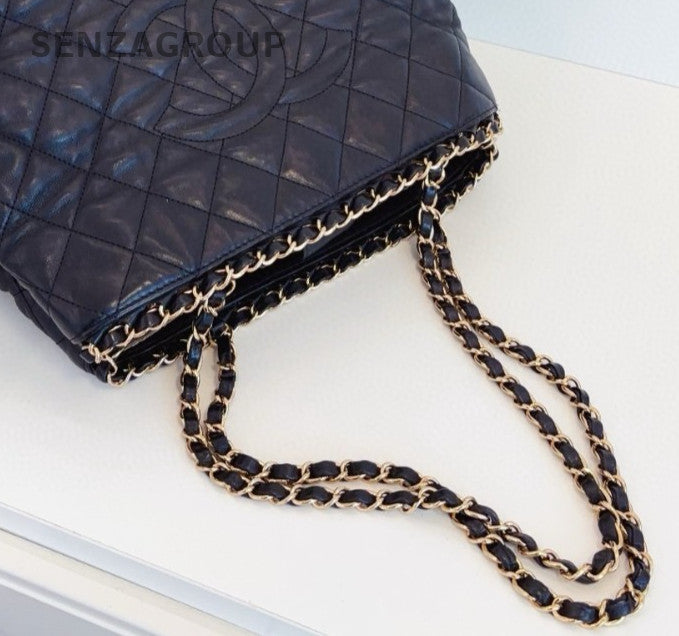 Chanel Diamond Chain Tote Shoulder Bag Black Gold Used Women Classic