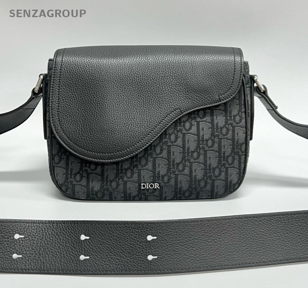Christian Dior Qblique Saddle Shoulder Bag Crossbody Black Silver Unisex Adults