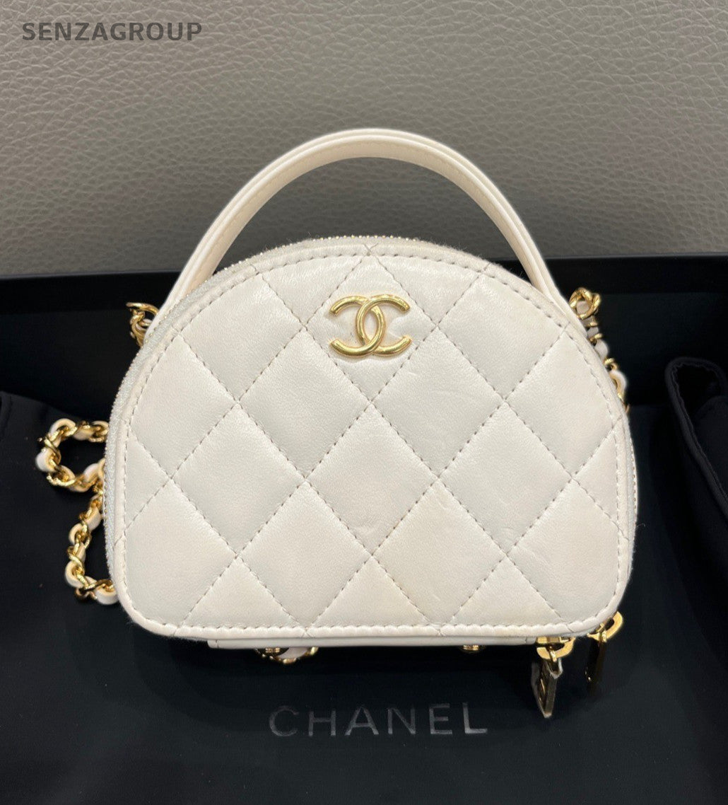 CHANEL Mini Diamond Pattern Bowling Chain Shoulder bag Crossbody White Gold