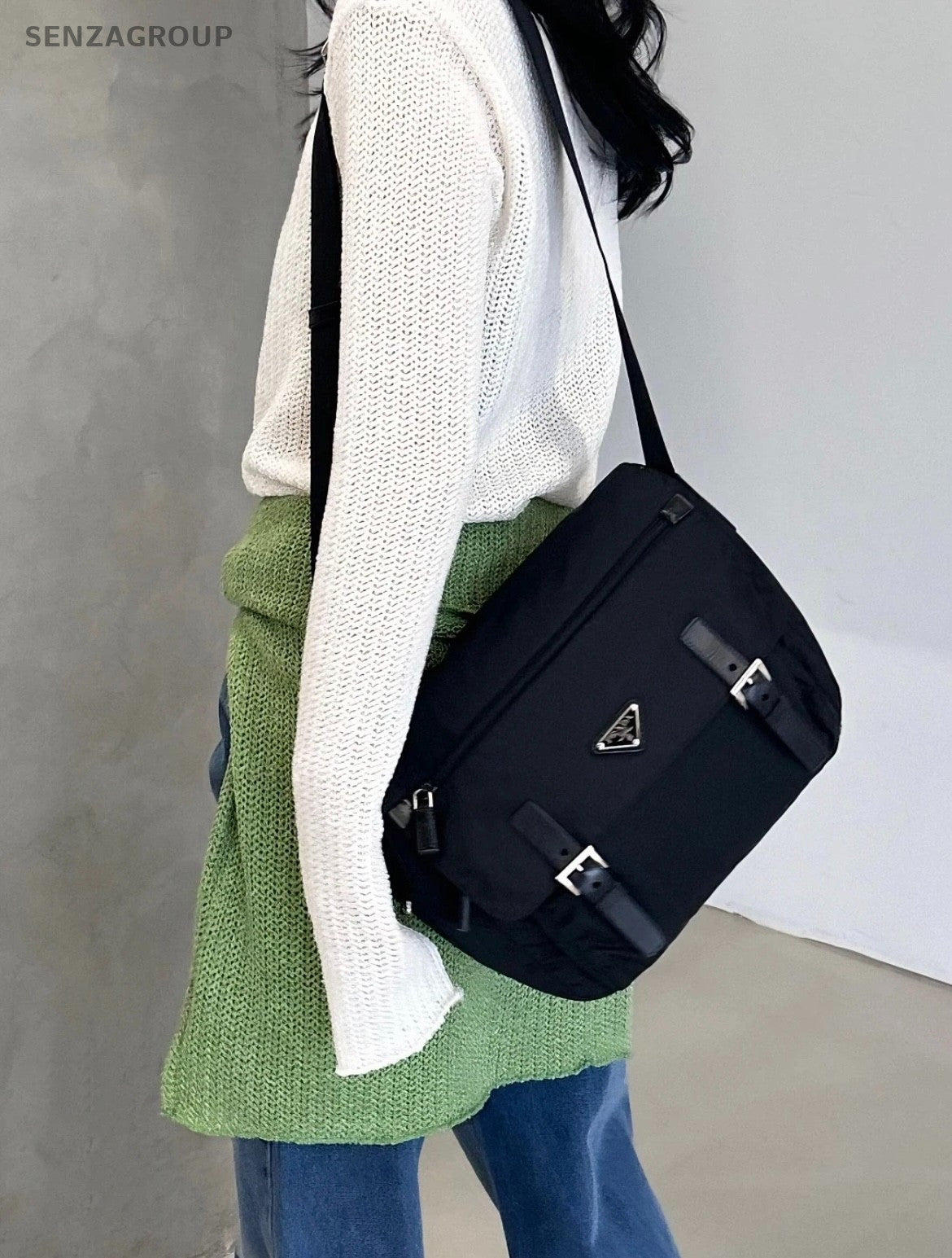 Prada Canvas Messenger Shoulder Crossbody Bag Black Unisex Adults