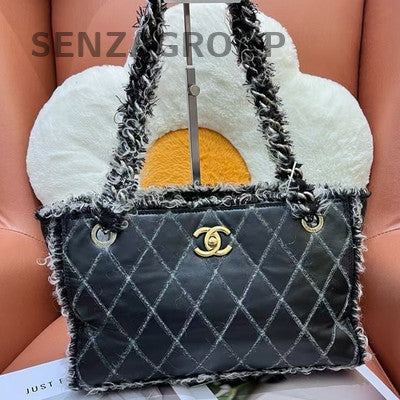 Chanel Black Tweed Tote Shoulder Bag Quilted Gold Button Women