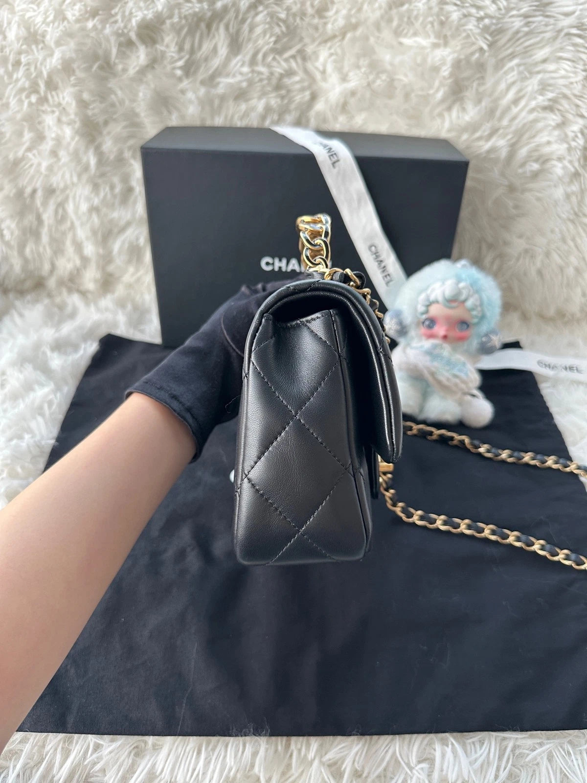 CHANEL Black Gold Lambskin Enamel Handle Crossbody Bag For Women