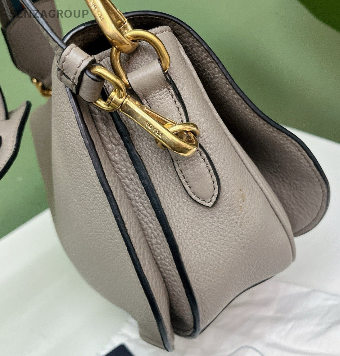 Prada Pionniere Saddle 2Way Shoulder Bag Crossbody Gray Gold Women Classic