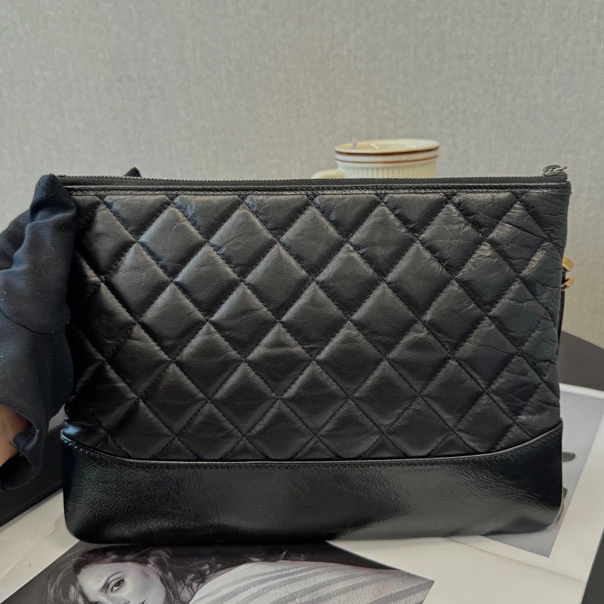 Authentic Chanel Calfskin MM Diamond Black Clutch Bag Gold Hardware