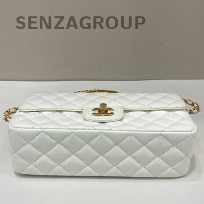 Chanel Classic Flap Woven Handle Quilted Chain Bag - Platinum