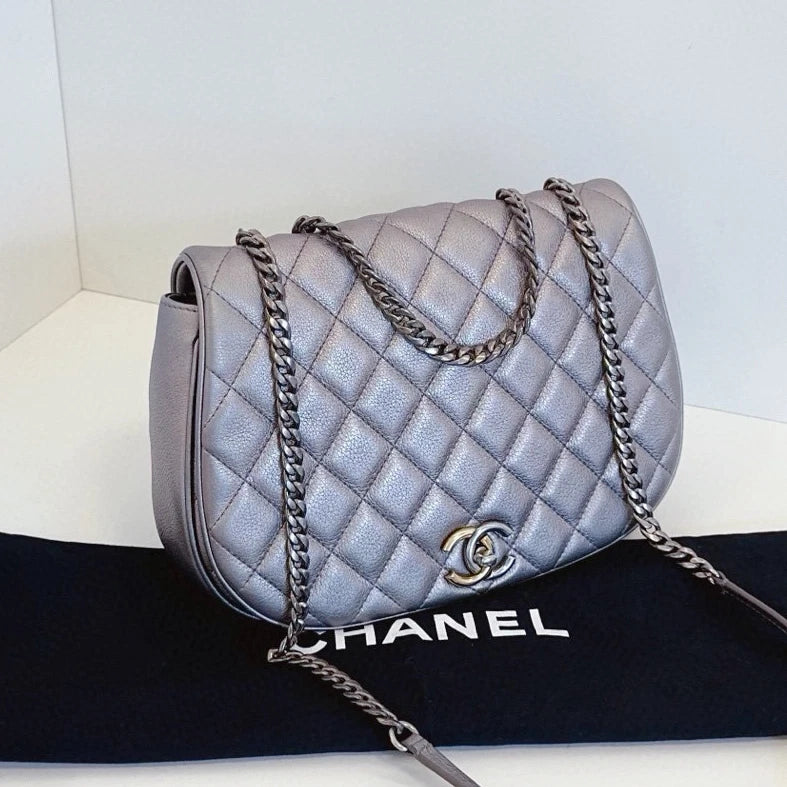 Chanel Diamond Saddle Chain Shoulder Crossbody Silver Women Classic