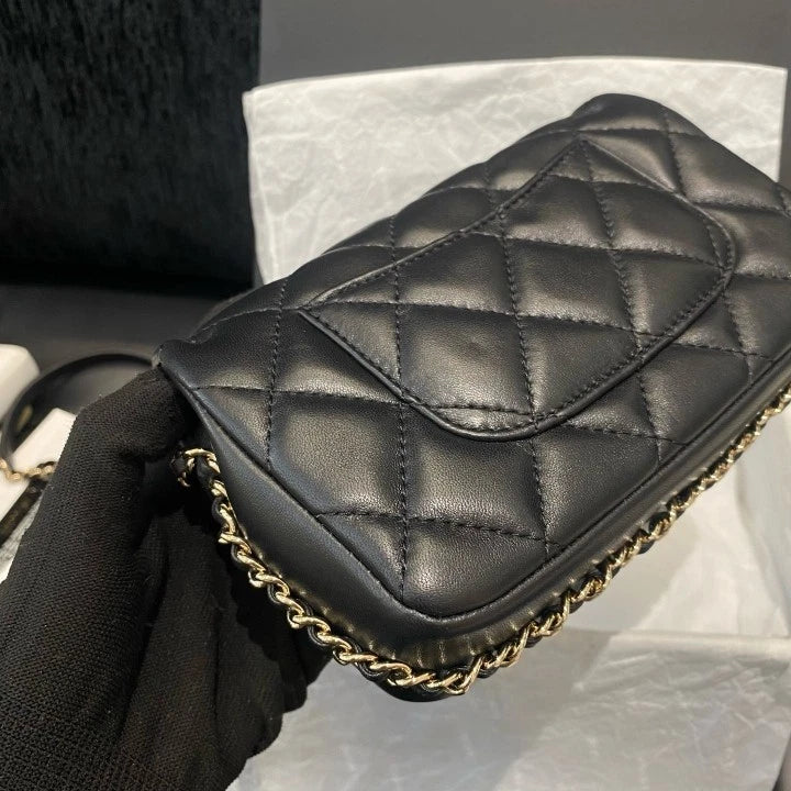 Chanel Classic Flap Mini Chain Shoulder Crossbody Bag Black Gold Women D