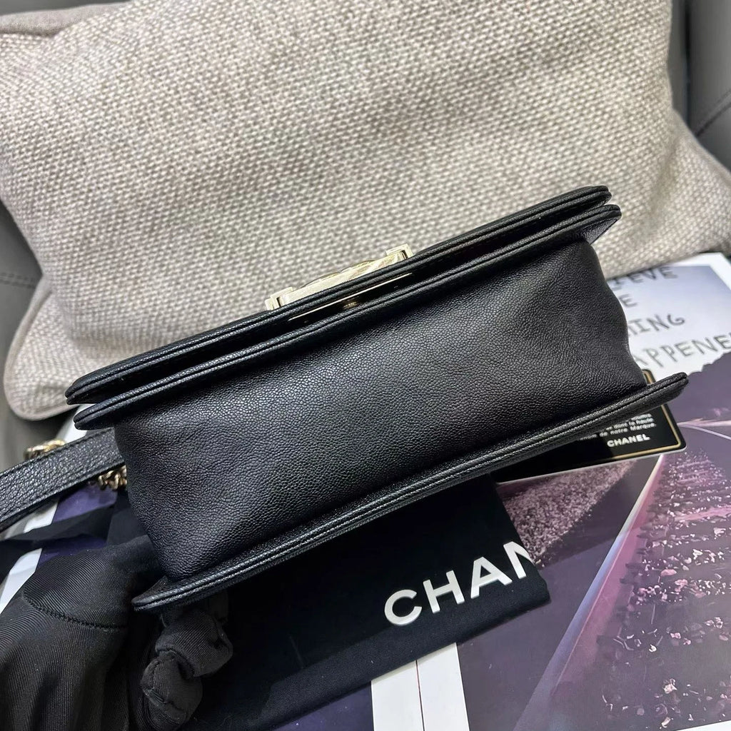 Chanel Leboy PM Calfskin Chain Shoulder Crossbody Black Gold Chevron Women