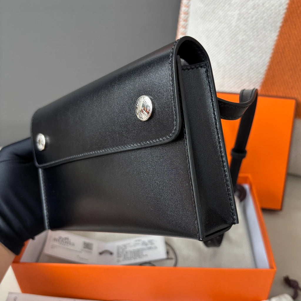 Hermes Snap Wallet 2Way Shoulder Bag Crossbody Black Silver Women Classic