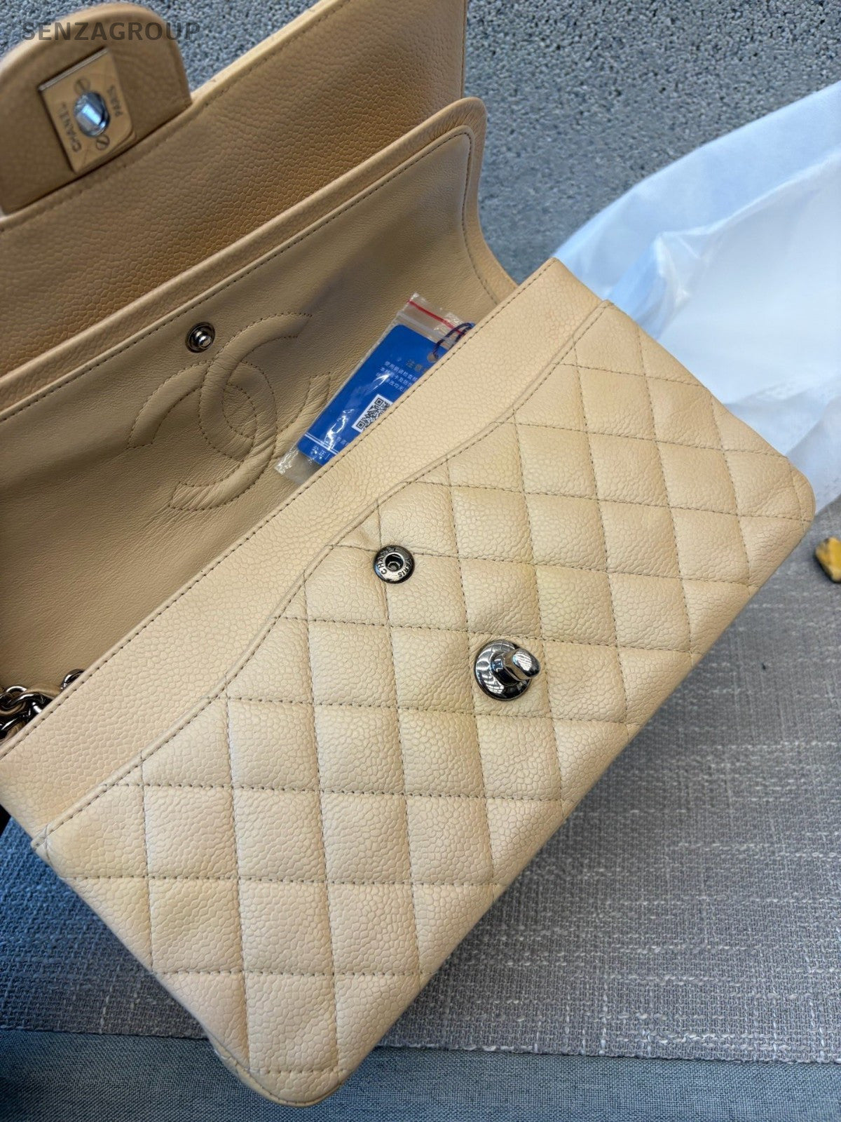 Chanel Classic Flap MM Chain Shoulder Bag Crossbody Beige Gold Women Diamond