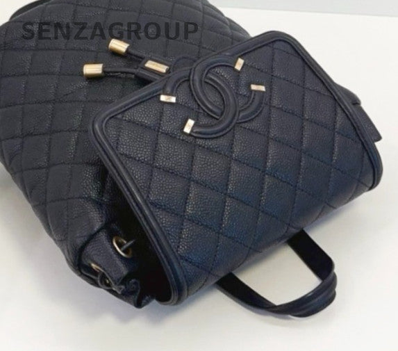 Chanel Vanity Case Calfskin PM Backpack Black Gold Used Women Classic Diamond