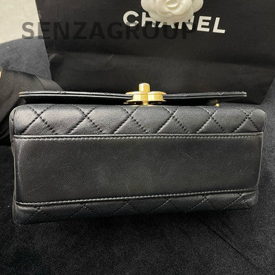 Chanel Black Gold Lambskin Quilted CC Top Handle Chain Crossbody Bag