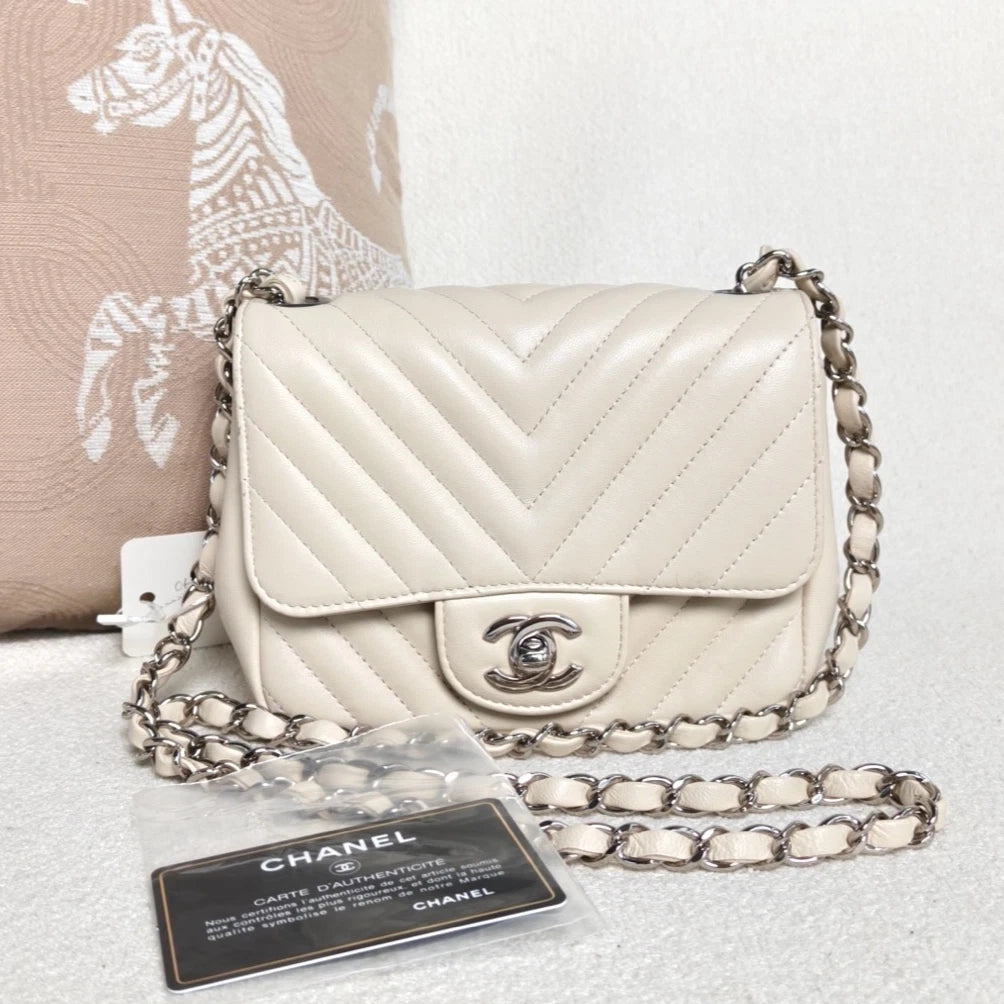 Chanel Classic Flap Lambskin Chain Shoulder Crossbody White Silver Women