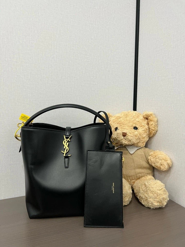 YSL Black Calfskin Hobo Bucket Bag For Women